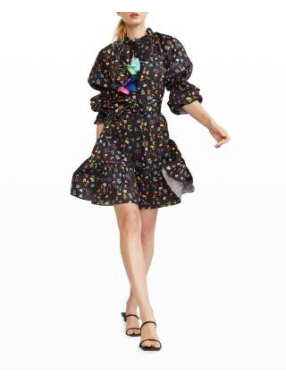 Cynthia Rowley “Betty” Black Floral Dress with Colorful Tassels